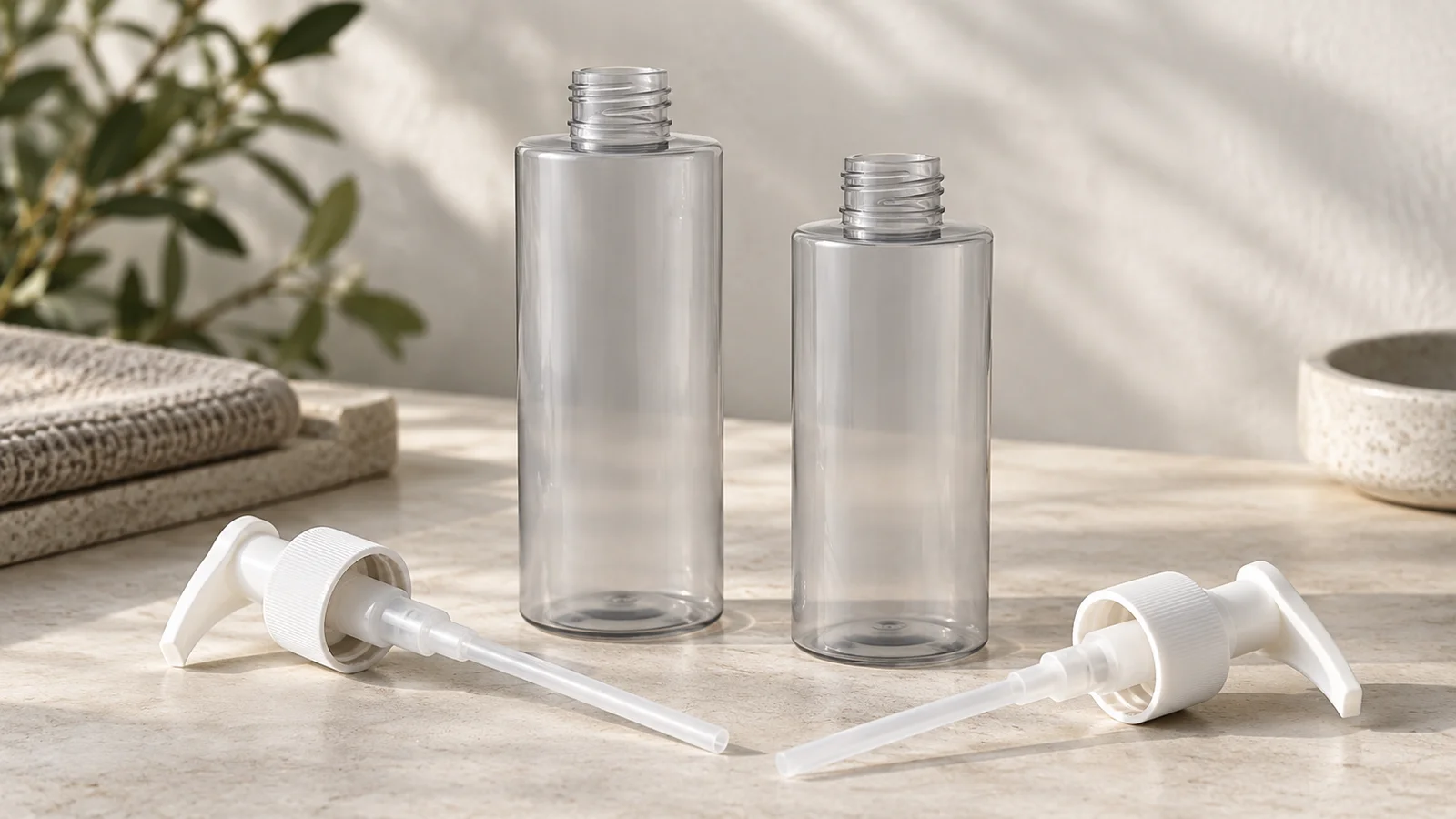 Two clear cosmetic bottles with open threaded necks and detached white lotion pumps on a stone surface