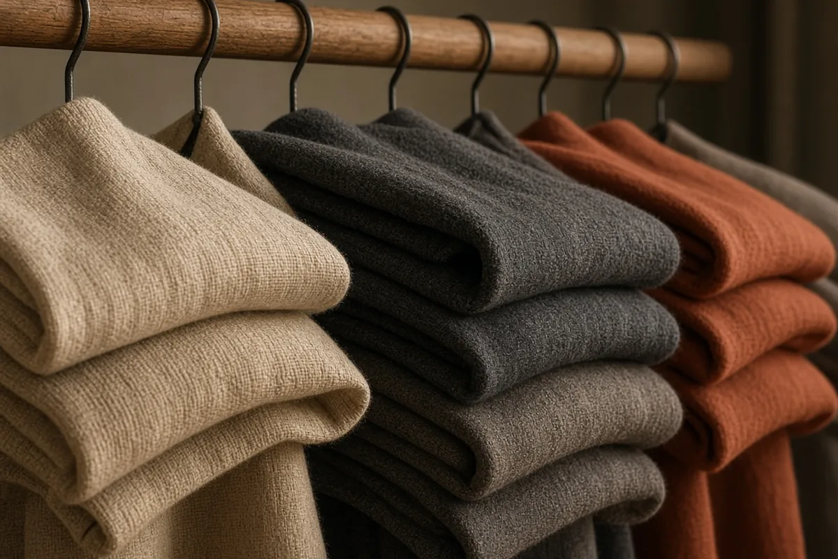 Folded plain linen and wool on a wooden clothing rail, with no labels